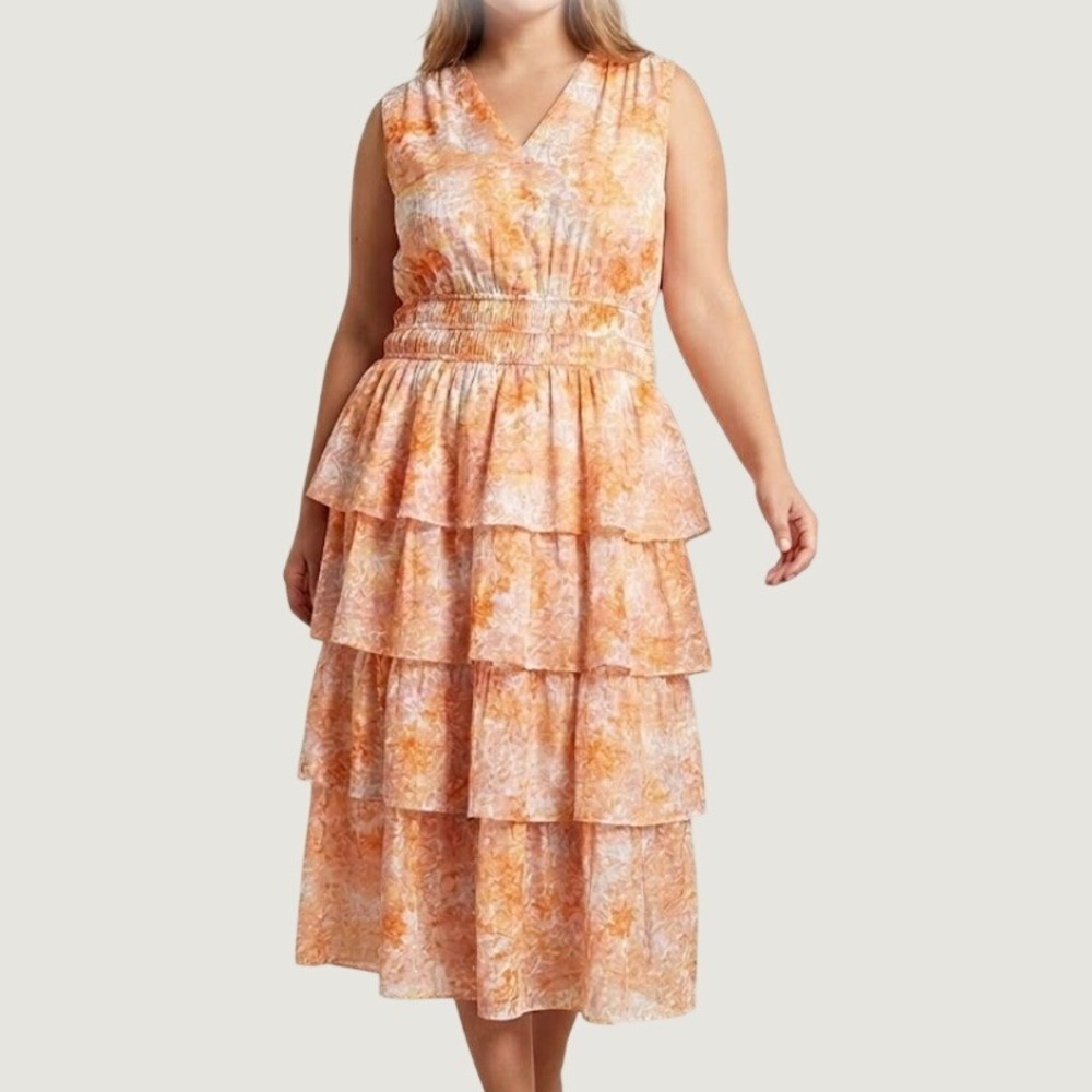 Hayden Los Angeles Tiered Floral Midi Dress 1XL Orange Boho Cottagecore